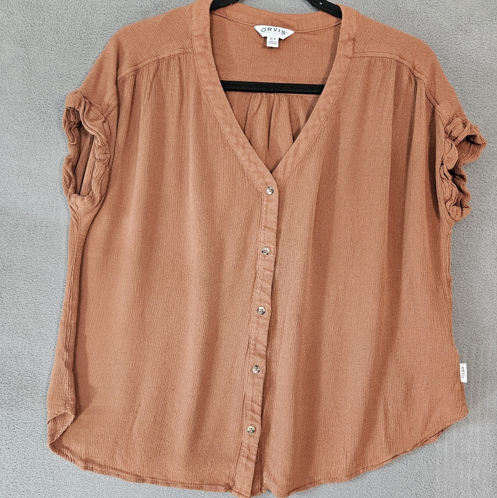 Orvis Womens Medium Button Up Shirt Crinkle Brown Cap Sleeve Rolled Vneck